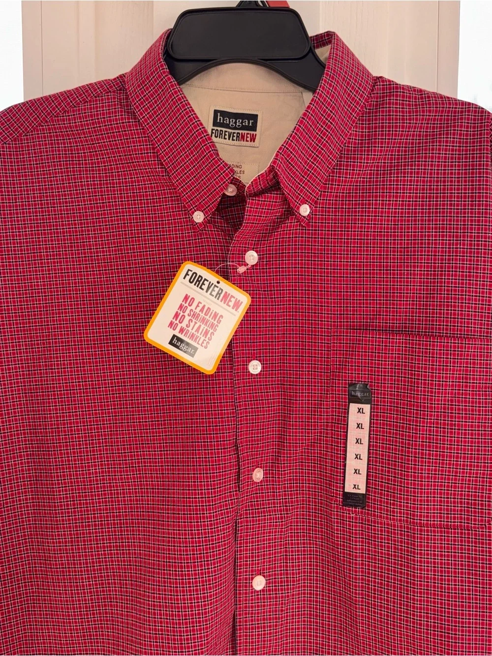 Haggar ForeverNew Mens XL Red Plaid Button Down Shirt NWT Wrinkle Resistant SS - Picture 4 of 9